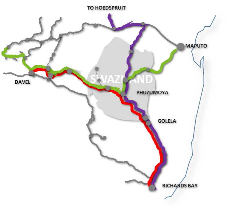 Eswatini Railways System Map with added details of the new Eswatini Rail Link Project.