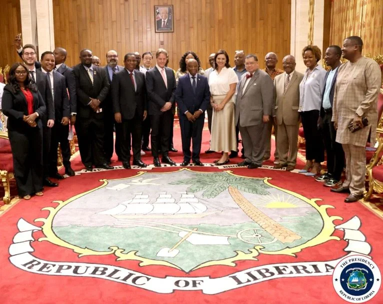 His Excellency The President of Liberia His Excellency Joseph Nyuma Boakai Sr (centre) with the Founder, Chairman and CEO of I-Pulse Inc Mr Robert Friedland (centre left), Ms Bronwyn Barnes, President and CEO of HPX (centre right), Mr Robert Gumede Chairman and Founder Guma Africa Group (left of Mr Friedland), Amb.(ret) Peter Pham (right of Ms Barnes), and Ambassador Sylvester Grigsby Minister of State for Presidential Affairs (right of Amb. Pham).
