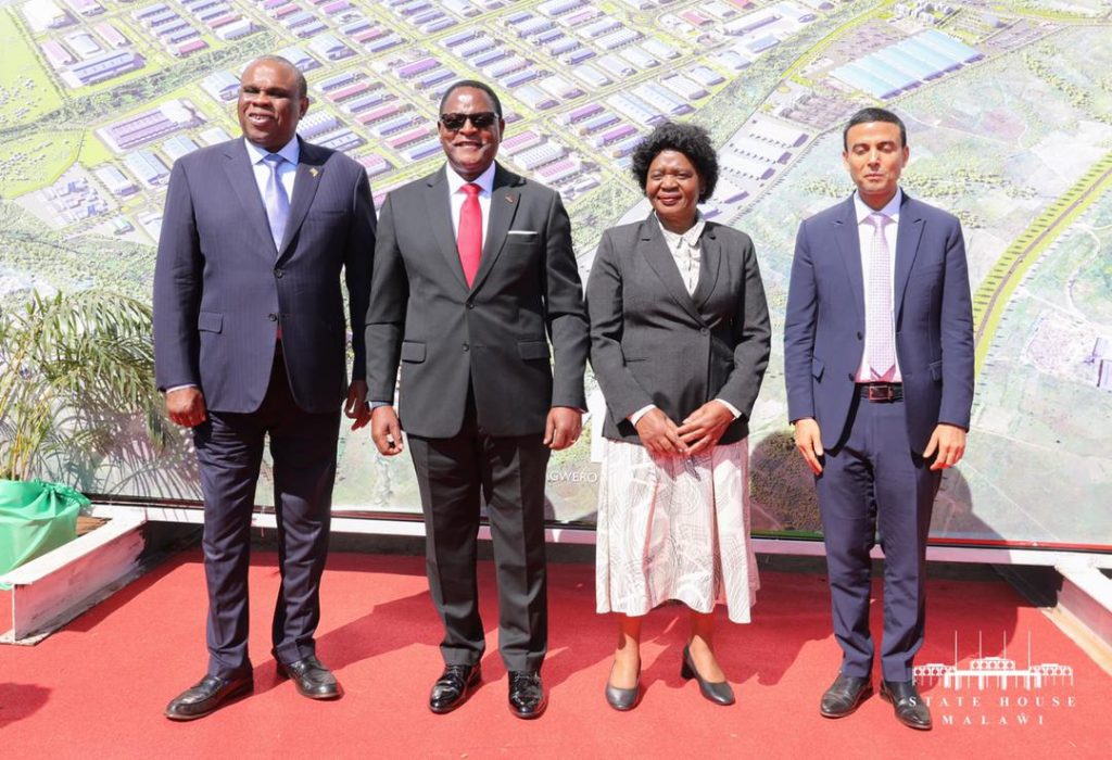 Left – Right: Prof. Benedict Okey Oramah, President and Chairman Board of Directors of Afreximbank, His Excellency Dr. Lazarus McCarthy Chakwera, President of the Republic of Malawi, First Lady of Malawi, Madame Monica Chakwera and President-Founder of ARISE IIP, Mr. Gagan Gupta during the official commissioning of the groundbreaking of the Malawi “Magwero” Industrial Park.