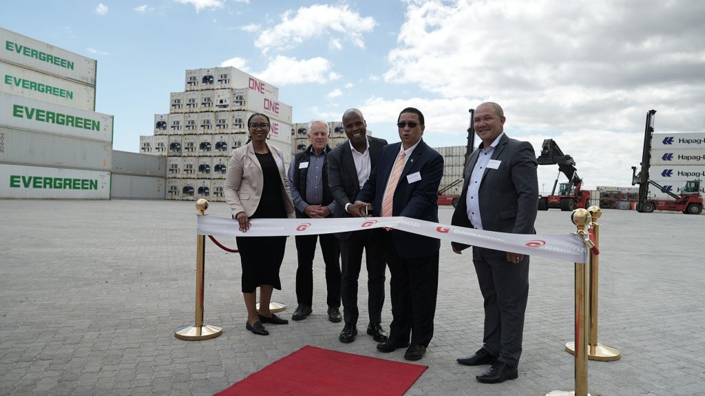 At the official opening of the container depot in Salt River, Cape Town on 15 October 2025 From Left: Ms Noxolo Thabatha, Terminal Manager of the Cape Town Container Terminal, Glen Steyn, Director: Maritime Logistics Development, Department of Economic Development and Tourism, Mr Xolani Mbambo, CEO of Grindrod Limited, The Honourable Dr Ivan Meyer, Provincial Minister of Agriculture, Economic Development and Tourism, Richard de Doncker, Terminal Manager of UCD in Cape Town