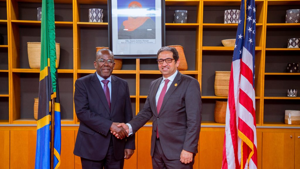 The Minister of Finance, Hon. Ambassador Khamis Mussa Omar, MP, pictured with the Vice President of Afreximbank, Global Trade Bank, Mr Haytham ElMaayergi, after their meeting held at the offices of the Tanzanian Embassy in the United States, on the sidelines of the Spring Meetings of the World Bank and the International Monetary Fund (IMF).